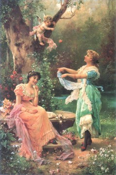 花の天使と女性ハンス・ザツカの古典的な花 Oil Paintings